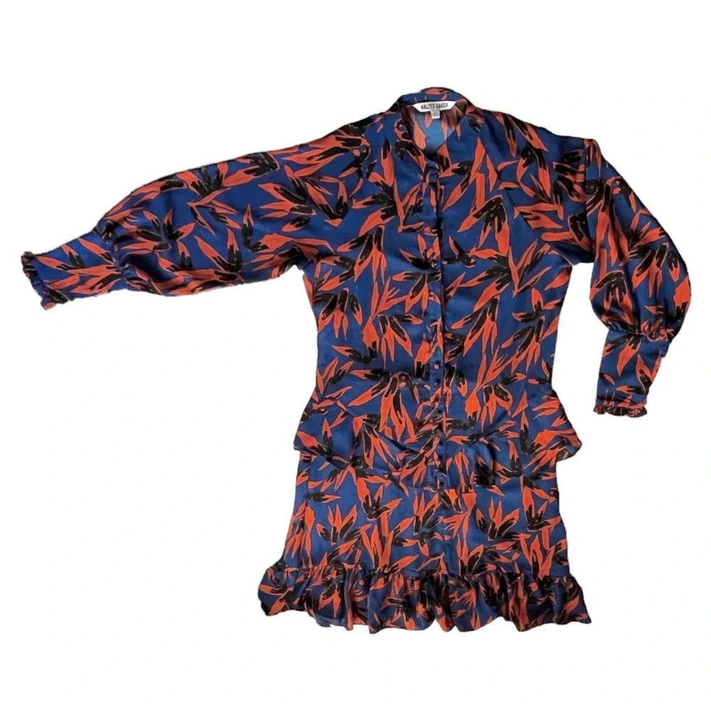 Walter Baker Large Ruffled Button Down High Collar Dress Orange Leaf Pattern